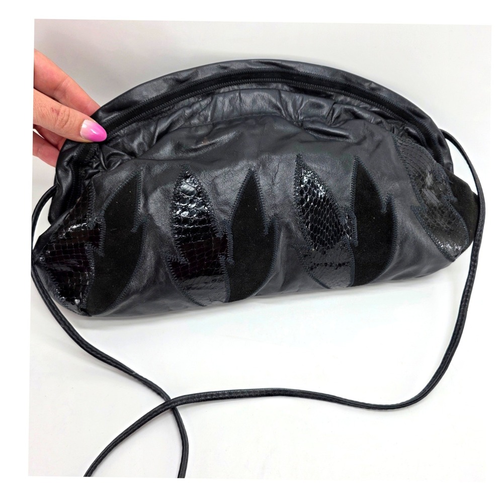 Vintage 7 Handbag Dimitri Black Leather Shoulder Bag Slouchy Clutch Textured 80s